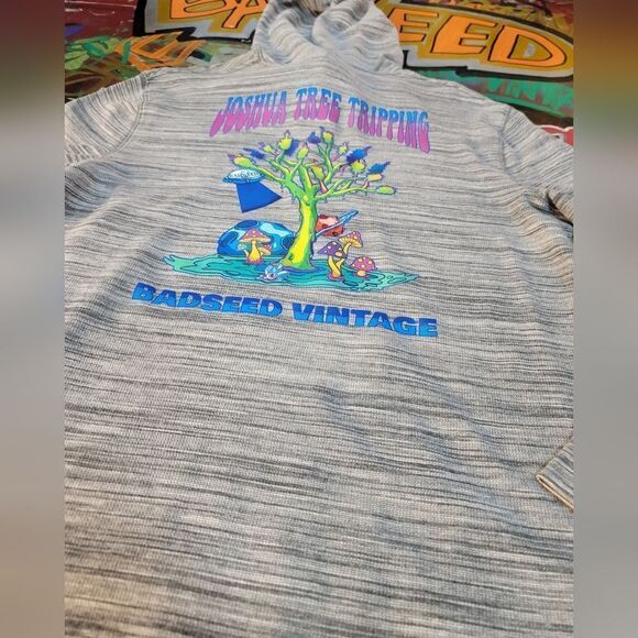 BadSeed Vintage hoodie w unique custom vibrant trippy tree & mushrooms design - Picture 5 of 8